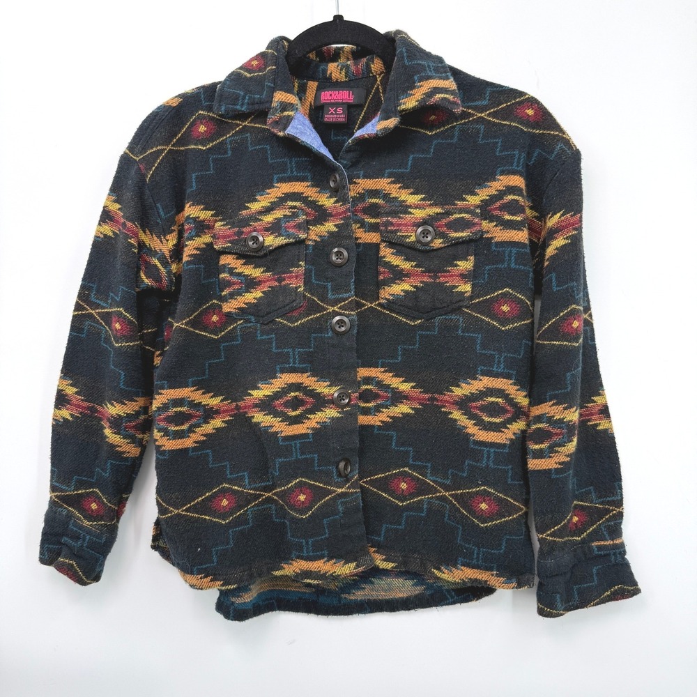 Rock & Roll Denim Womens XS Southwestern Navajo‎ Print Button Up Shirt Jacket